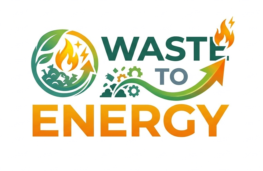 "Waste to Energy" logo with flame, recycling arrows, and gear icons