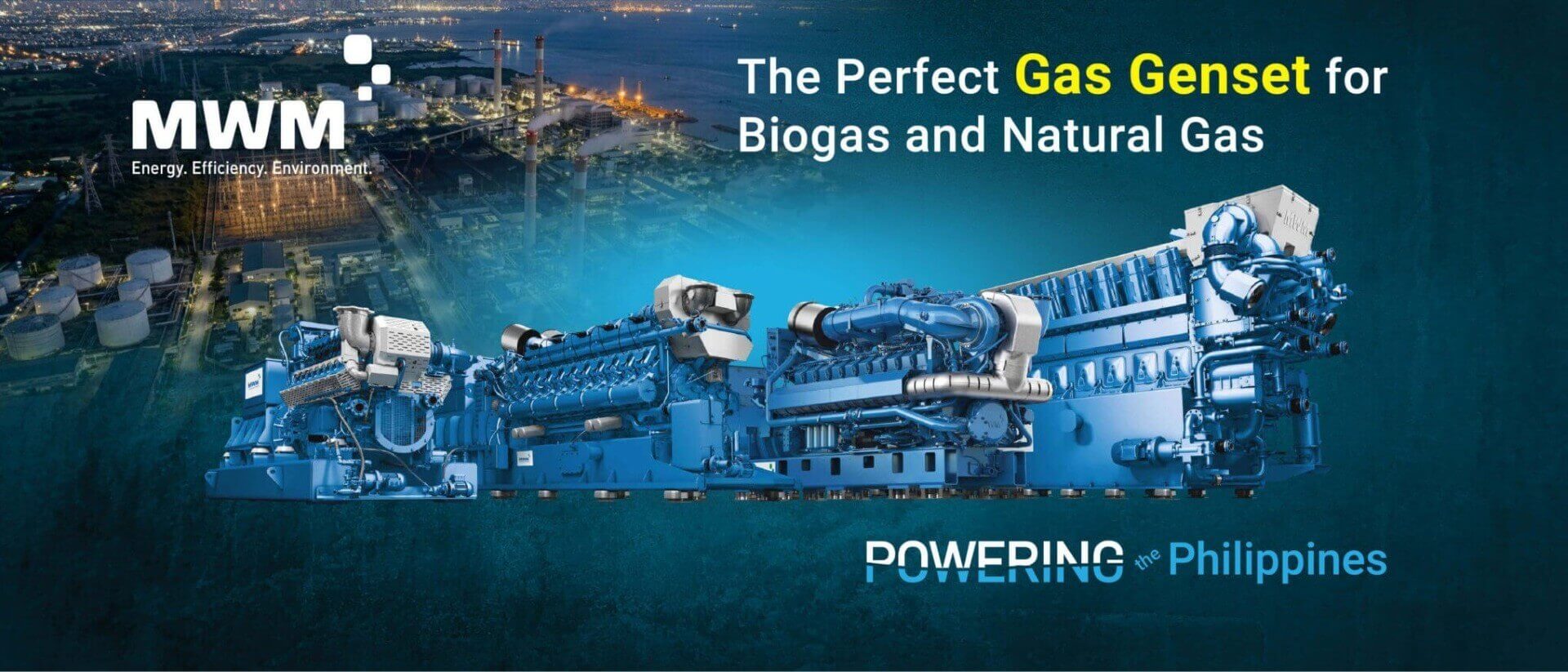 An MWM promotional banner displays four blue gas genset engines against a coastal industrial backdrop, with text reading "The Perfect Gas Genset for Biogas and Natural Gas" and "POWERING the Philippines".